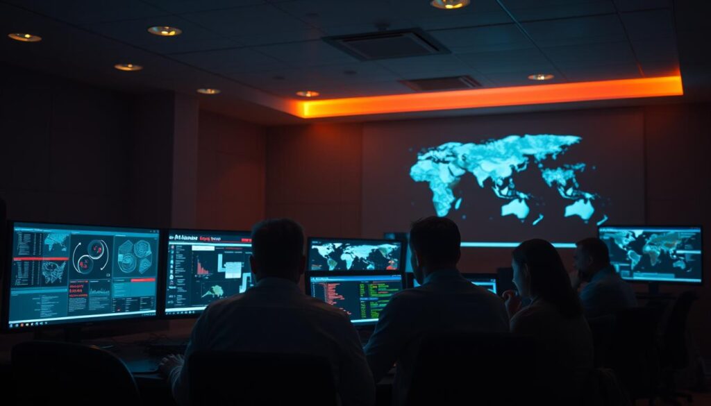 A dimly lit conference room, the air thick with anticipation. At the center, a group of cybersecurity professionals engaged in a CISA-led exercise, their faces illuminated by the glow of multiple monitors. Diagrams, data visualizations, and threat intelligence dashboards fill the screens, as the team collaborates to identify and mitigate simulated cyber threats. The lighting is warm and focused, creating a sense of intensity and urgency. In the background, a world map projects the global cyber landscape, underscoring the gravity of the situation. The room is filled with a palpable sense of purpose, as the team works tirelessly to improve their organization's security posture.