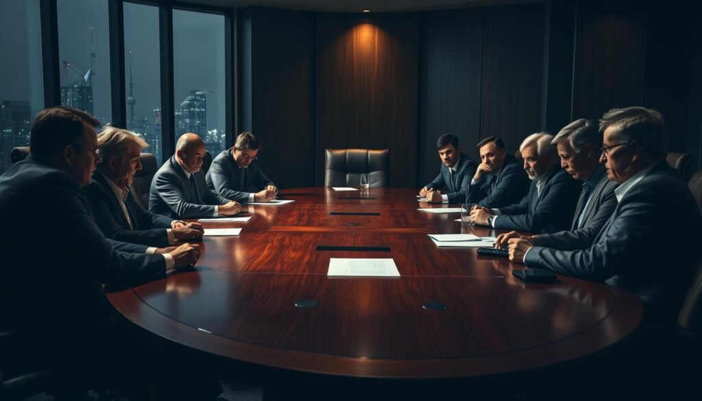 A dimly lit corporate boardroom, with a long mahogany table surrounded by leather-bound chairs. Around the table, a group of serious-faced C-level executives - CEOs, CFOs, COOs - grappling with weighty business decisions, their brows furrowed in concentration. The lighting casts dramatic shadows, heightening the sense of pressure and responsibility they bear. Through the large windows, a cityscape at night is visible, reflecting the 24/7 nature of their roles. An air of tension and high-stakes deliberation permeates the scene, capturing the challenges and demands faced by those in the C-suite.