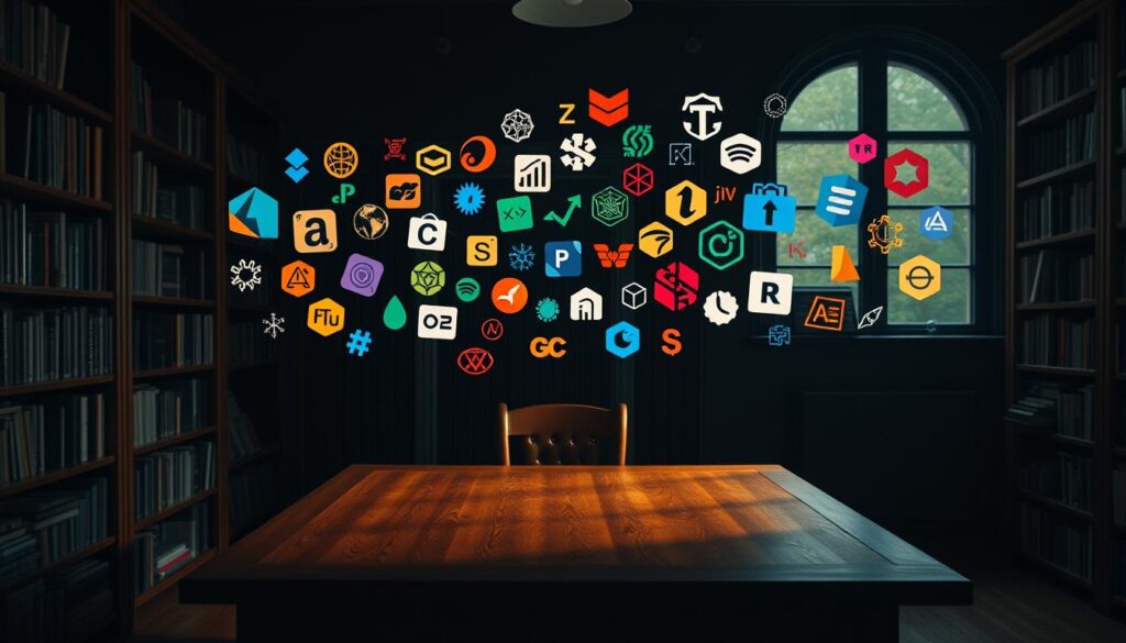 A dimly lit, cozy study with a large wooden desk. On the desk, an array of colorful programming language logos and symbols float in the air, casting soft, ambient lighting across the scene. The logos are arranged in a visually striking, abstract composition, creating a sense of depth and movement. In the background, bookshelves line the walls, filled with technical manuals and coding references. Warm, muted tones and a subtle film grain lend an air of thoughtfulness and focus to the image, reflecting the methodical process of learning and mastering new programming languages for cybersecurity professionals.