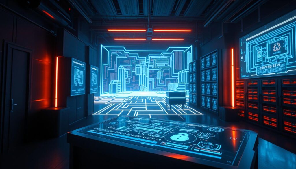 A dimly lit cyber escape room environment, with a futuristic, high-tech aesthetic. In the foreground, a holographic control panel hovers over a sleek, metallic desk, its screens displaying a complex array of data and security protocols. The middle ground features immersive, virtual reality displays that transport the user to a simulated, three-dimensional cyber landscape, complete with intricate mazes and puzzles to solve. The background is dominated by towering, neon-lit data towers and servers, casting an eerie glow throughout the room. The overall atmosphere is one of intense focus, challenge, and a sense of being transported to a world beyond the physical. Lighting is dramatic, with a combination of cool, blue tones and warm, amber accents, creating a visually striking and immersive environment.