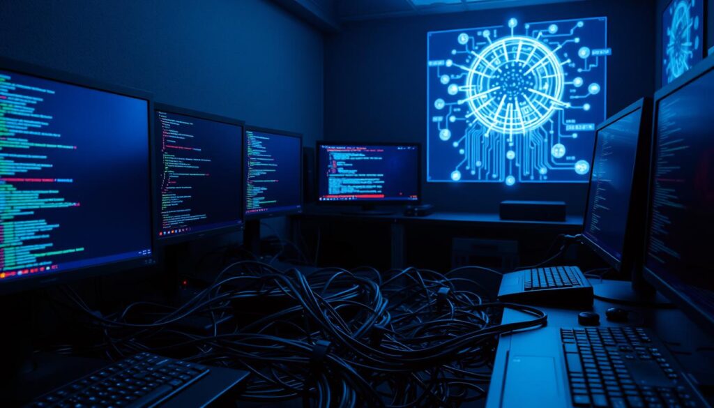 A dimly lit cybersecurity lab, with an array of sleek monitors and keyboards. In the foreground, various programming languages dance across the screens - Python, Java, C++, Bash, and more. A maze of cables and circuit boards creates a complex, tangible web in the middle ground. In the background, a holographic display showcases data visualizations and network diagrams, casting a soft, futuristic glow across the entire scene. The atmosphere is one of focused intensity, as the cybersecurity analyst navigates this digital landscape, wielding their coding prowess to defend against threats.