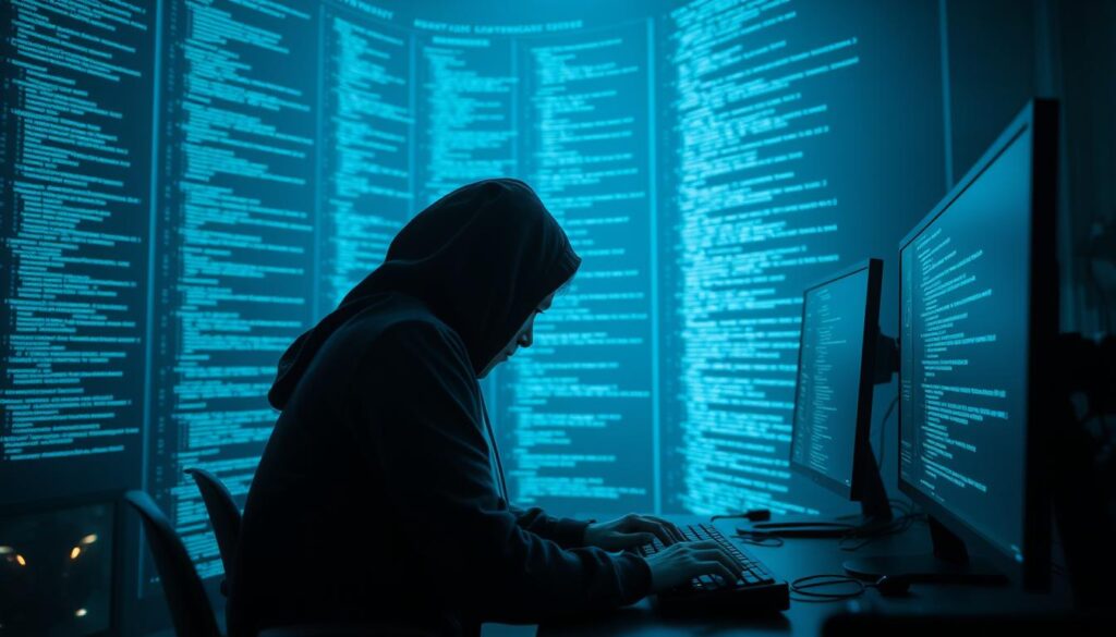 A dimly lit cybersecurity laboratory with complex lines of code projected onto multiple holographic displays. In the foreground, a programmer in a dark hoodie hunches over a keyboard, fingers flying as they work to analyze and secure the system. The background is shrouded in shadows, emphasizing the intensity and focus required for this type of work. Soft blue-green lighting casts an eerie glow, while the hum of computers and occasional beeps create an atmosphere of high-stakes digital exploration. The scene conveys the technical expertise, problem-solving skills, and attention to detail necessary for effective cybersecurity coding.