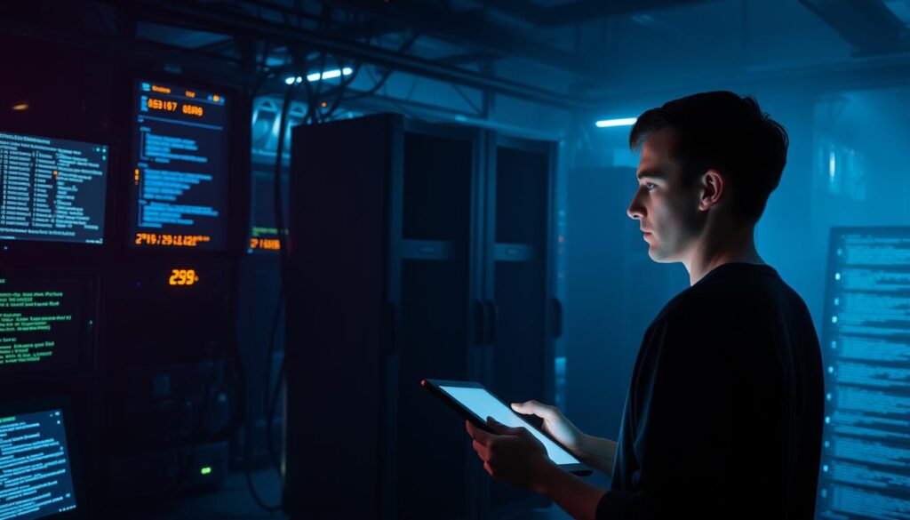 A dimly lit cybersecurity learning lab, with an intricate network of glowing circuits and screens displaying lines of code. In the foreground, a person intently studying a tablet, their face illuminated by the soft glow of the display. Towering server racks line the middle ground, casting long shadows across the scene. The background is shrouded in a hazy, atmospheric lighting, creating a sense of mystery and technical depth. The overall mood is one of focused concentration, with a hint of the complexity and challenge inherent in the field of cybersecurity.
