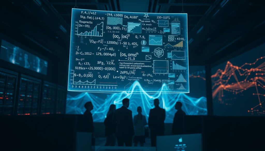 A dimly lit, high-tech cybersecurity control room. In the foreground, a floating holographic display shows complex mathematical equations and data visualizations, casting an ethereal glow. In the middle ground, a team of analysts intently examines the information, their faces illuminated by the screens. The background is a backdrop of dark, ominous servers and an abstract, glowing digital landscape, hinting at the underlying complexity and uncertainty of the cybersecurity realm. The overall atmosphere is one of calculated precision, focused intensity, and the weight of critical decisions.