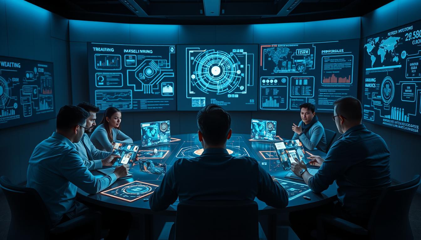 A dimly lit, high-tech training room with a group of cybersecurity professionals gathered around a central conference table. On the table, various holographic displays and interactive screens showcase real-time network data and security analytics. The lighting is a blend of cool, bluish tones, creating an atmosphere of focus and concentration. In the background, large wall-mounted displays show intricate network diagrams and threat intelligence reports. The trainees are engaged in lively discussions, their expressions a mix of determination and analytical intensity, as they work together to devise strategies for defending critical infrastructure against cyber threats.