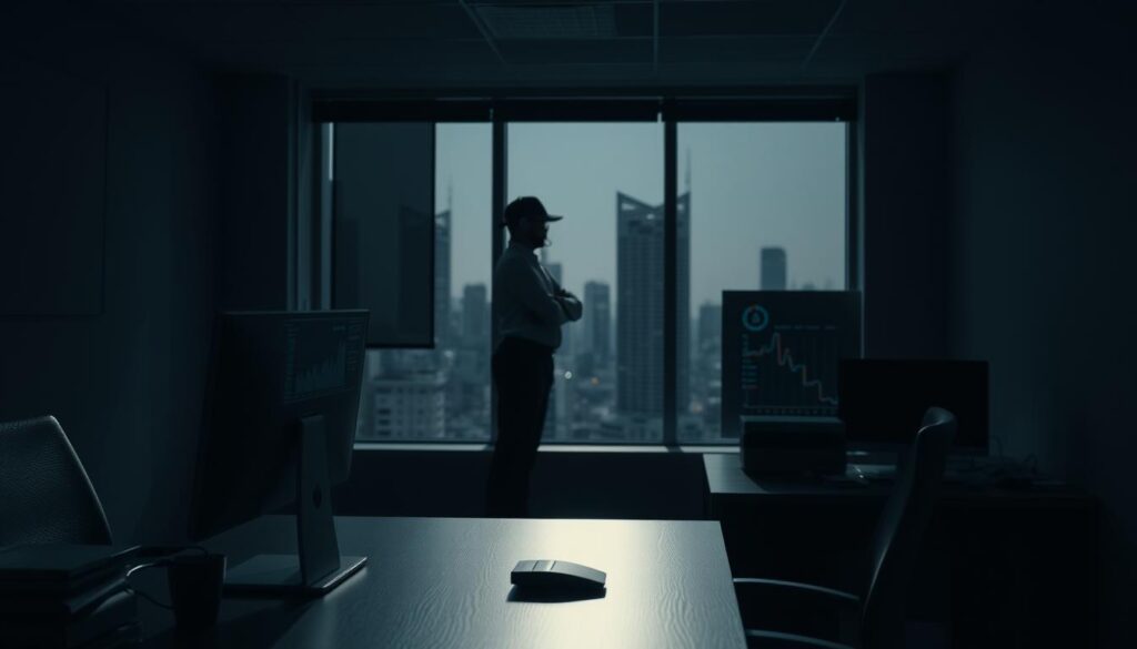 A dimly lit office setting, with a desk in the foreground featuring a computer monitor displaying a security dashboard. In the middle ground, a security guard standing vigilant, surveying the room. The background depicts a cityscape outside the window, hinting at the broader context of the security implementation. Soft, directional lighting casts subtle shadows, creating a sense of depth and seriousness. The overall mood is one of professionalism and attention to detail, reflecting the challenges of effective security level implementation.