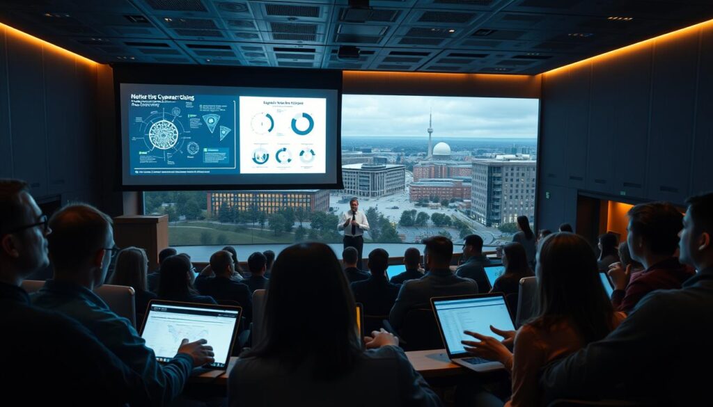 A dimly lit university lecture hall, with a sleek podium and a large projection screen displaying cybersecurity-themed diagrams and data visualizations. In the foreground, a group of focused students, their faces illuminated by the soft glow of their laptops, intently studying course materials. The middle ground features a distinguished professor, hands gesturing as they passionately explain the intricacies of network security and cryptography. The background showcases a panoramic view of the campus, with modern, high-tech buildings and a sense of academic rigor and innovation. The overall atmosphere is one of intellectual engagement, cutting-edge technology, and a steadfast commitment to mastering the field of cybersecurity.