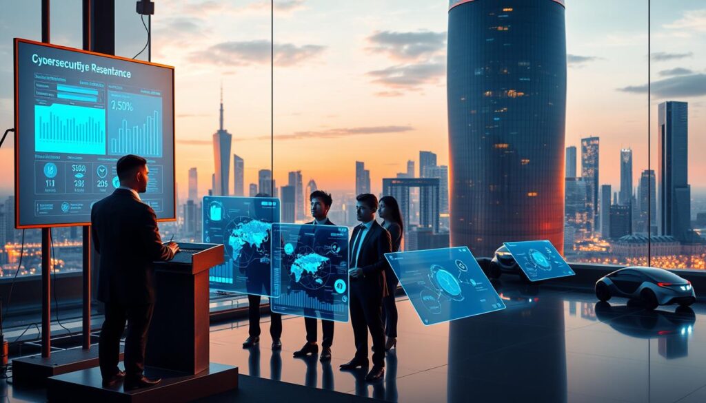 A dynamic cybersecurity career growth scene: in the foreground, a person in a suit standing at a podium, delivering a presentation on a large display screen showcasing cybersecurity data visualizations and rising statistics. In the middle ground, a diverse team of analysts studying threat intelligence on multiple holographic screens, their faces illuminated by the blue-hued glow. In the background, a futuristic cityscape with sleek skyscrapers and autonomous vehicles, representing the rapidly evolving technological landscape. The lighting is a balance of warm and cool tones, creating an atmosphere of professionalism and innovation. The overall scene conveys the dynamic and rewarding nature of a cybersecurity career, with ample opportunity for growth and impact.