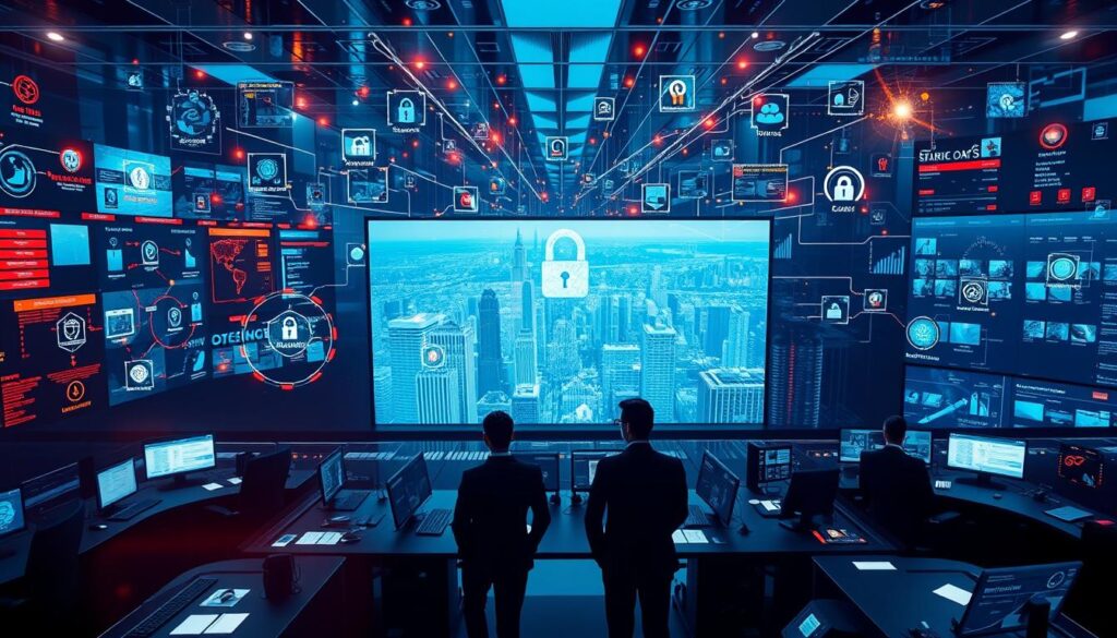 A dynamic cybersecurity control room, illuminated by a mosaic of digital displays and holographic projections. In the foreground, diverse career paths radiate outward - ethical hacking, security analysis, network administration, digital forensics, and more - each path represented by a shimmering icon. In the middle ground, professionals in sleek uniforms move with purpose, collaborating at workstations and analyzing real-time threat data. The background is a sprawling cityscape, its skyscrapers and infrastructure protected by an intricate web of cybersecurity measures. The scene conveys the complexity, innovation, and critical importance of the cybersecurity industry, inviting the viewer to envision their own future within this dynamic field.