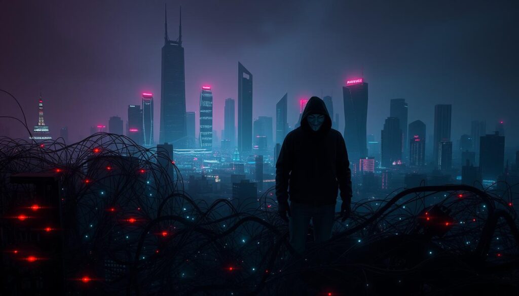 A dystopian cyberpunk landscape, dimly lit by ominous neon hues. In the foreground, a tangled mesh of glowing circuitry and data streams, symbolic of the complex web of cyber threats. Ominous silhouettes of anonymous hackers loom in the middle ground, their faces obscured by digital masks. In the background, towering skyscrapers and futuristic cityscape, casting long shadows and conveying a sense of technological dominance and vulnerability. The scene is charged with a tense, unsettling atmosphere, highlighting the evolving nature of cyber security challenges.