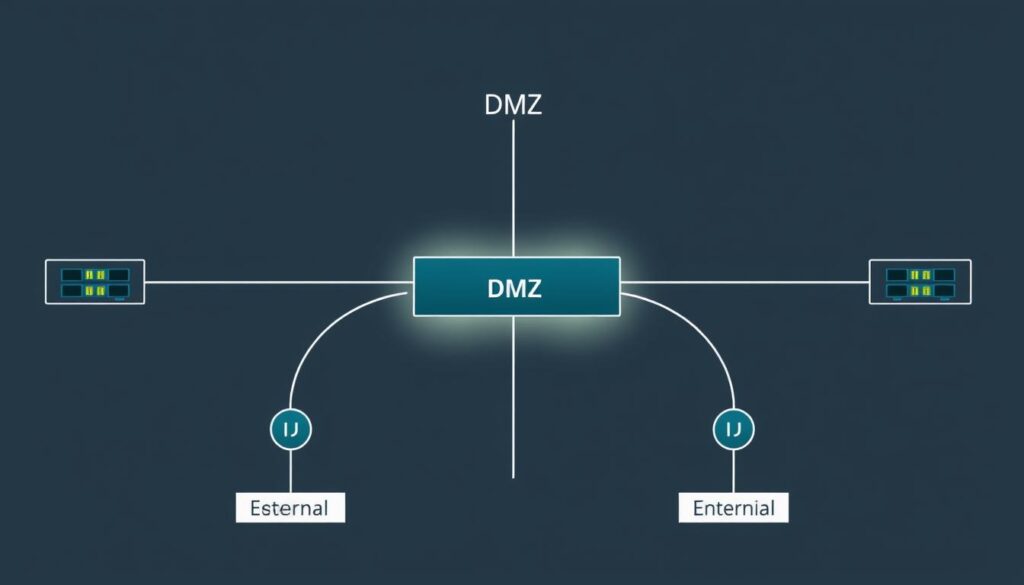 A finely detailed diagram of a Cisco ASA firewall's DMZ configuration, showcased in a clean, technical style. The DMZ network interface is prominently displayed, surrounded by the internal and external network segments. Subtle lighting highlights the connections and interfaces, conveying a sense of order and functionality. The design features an elegant balance of colors, with muted tones complementing the technical nature of the subject matter. Precise, minimalist labels provide essential context, allowing the image to effectively illustrate the key aspects of the DMZ configuration without distracting visual elements.