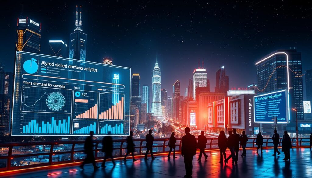 A futuristic cityscape at night, with glowing skyscrapers and a bustling urban landscape. In the foreground, a data visualization dashboard displays various cybersecurity metrics and analytics, highlighting the growing demand for skilled professionals in this field. The dashboard is illuminated by a warm, neon-like glow, casting a vibrant light across the scene. In the middle ground, silhouettes of people moving through the streets, representing the dynamic workforce needed to address the evolving cybersecurity challenges. The background features a starry night sky, creating a sense of scale and the vastness of the digital landscape. The overall atmosphere is one of technological innovation, data-driven decision-making, and the urgent need for skilled cybersecurity experts to protect the modern digital infrastructure.