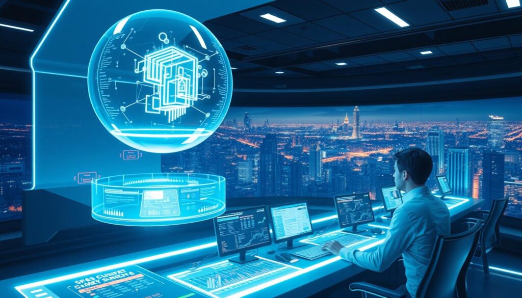 A futuristic cybersecurity command center, illuminated by a soft blue glow. In the foreground, a sleek, holographic interface displays real-time data streams and security alerts. Floating above the console, a translucent sphere rotates, showcasing a 3D model of a secure network architecture. In the middle ground, a team of skilled analysts in streamlined uniforms monitor multiple screens, their faces cast in the ethereal light. The background is a panoramic view of a dystopian, neon-lit cityscape, hinting at the ever-evolving threats that cybersecurity professionals must protect against. The overall atmosphere conveys a sense of urgency, precision, and the cutting-edge capabilities required to safeguard the digital world.
