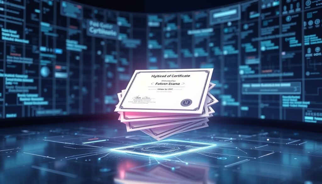 A futuristic digital landscape with a central focus on a stack of sleek, minimalist digital certificates floating in mid-air, emanating a soft glow. In the background, a grid of holographic data fields and digital signatures, conveying the secure, dynamic nature of modern credentialing. The lighting is crisp and futuristic, with subtle highlights illuminating the certificates' edge-to-edge displays. The overall mood is one of innovation, technology, and the evolution of traditional paper-based certification into a streamlined, digital-first experience.