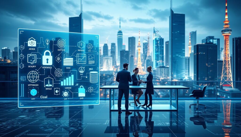 A futuristic, highly detailed illustration of the technical skills required for the Certified Information Systems Auditor (CISA) certification. In the foreground, a holographic display showcases a series of digital security icons, data analysis tools, and network diagrams. In the middle ground, a team of professionals in business attire collaborate around a sleek conference table, engaged in a cybersecurity discussion. The background depicts a dynamic cityscape with towering skyscrapers, glowing communication towers, and a hint of a bustling technology hub. The scene is bathed in a cool, blue-tinted lighting, conveying a sense of technological sophistication and intellectual rigor.