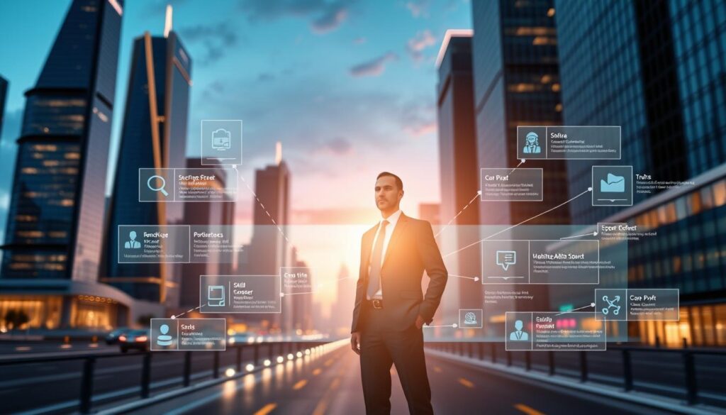 A futuristic metropolis skyline at dusk, with sleek high-rise buildings and neon-lit streets. In the foreground, a digital hologram display showcases a career progression path in cybersecurity, featuring various job titles and skill levels. Floating data visualizations and holographic interfaces surround a central figure dressed in a sharp business attire, symbolizing a cybersecurity professional advancing their career. Bright, warm lighting illuminates the scene, creating a sense of progression and growth. The background is slightly blurred, emphasizing the focal point of the career advancement visualization.