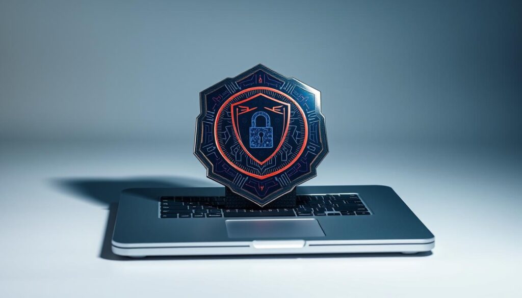 A gleaming cybersecurity certification perched atop a sleek, silver laptop. The certification displays a bold, angular design with intricate digital patterns and a vibrant color scheme, conveying the weight and authority of this professional accomplishment. The laptop is set against a minimalist backdrop of soft, muted grays and blues, creating a sense of focus and clarity. Dramatic studio lighting casts dramatic shadows, emphasizing the three-dimensional form of the certification and hinting at the depth of knowledge and expertise it represents. The overall composition is clean, balanced, and visually compelling, inviting the viewer to closely examine this symbol of cybersecurity excellence.