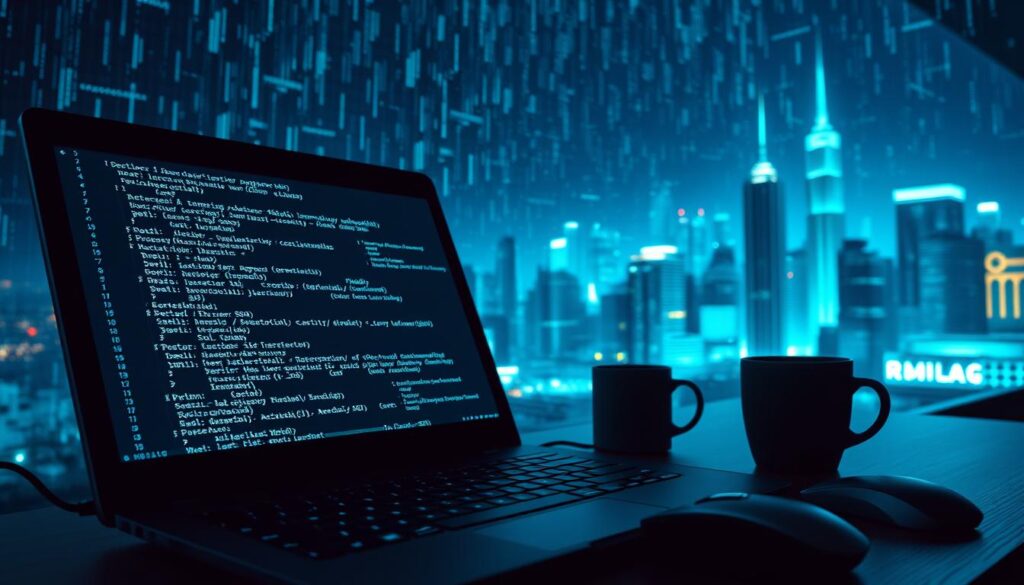A high-contrast, cinematic image of a coder's workspace illuminated by cool blue and green tones. In the foreground, an open laptop displays various programming languages used in cybersecurity, including Python, Bash, SQL, and Golang. In the middle ground, a keyboard, mouse, and coffee cup create a sense of an active work environment. The background features a futuristic cityscape with skyscrapers and a night sky filled with digital code and encrypted data streams. The overall atmosphere conveys the technical and high-stakes nature of cybersecurity programming.