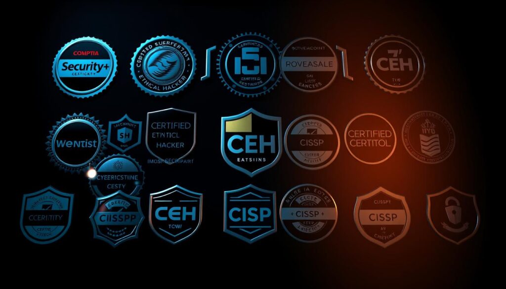 A high-contrast cinematic image of an array of cybersecurity certification badges and logos, including CompTIA Security+, Certified Ethical Hacker (CEH), CISSP, and others, arranged in a visually striking, asymmetric composition. The badges are rendered in a sleek, metallic style against a dark, moody background with dramatic lighting, creating a sense of professionalism and technical expertise. The image conveys the prestigious and specialized nature of advanced cybersecurity certifications.