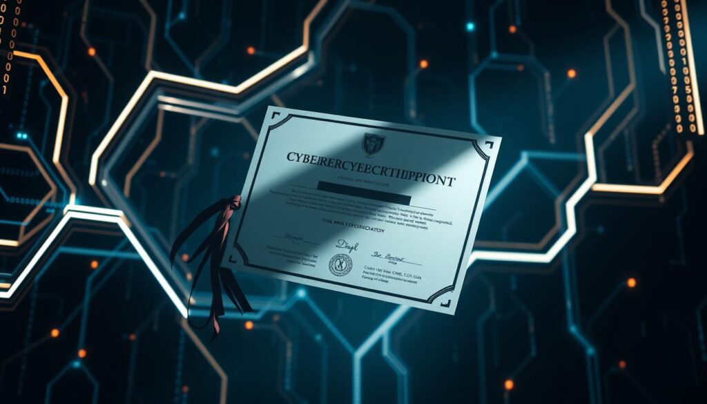 A high-contrast cybersecurity certification diploma floating in a mysterious, dimly-lit cyberspace environment. The document hovers against a backdrop of shimmering digital data streams, binary code, and abstract geometric shapes, creating a sense of technological sophistication and intellectual achievement. Dramatic lighting casts long shadows, emphasizing the three-dimensional depth and solidity of the certification. The overall mood is one of technological prowess, professional mastery, and digital authority.