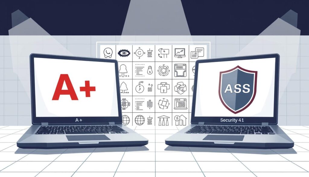 A high-contrast, highly detailed digital illustration depicting the head-to-head comparison of the CompTIA A+ and Security+ certification programs. The foreground features two laptops, one displaying the A+ logo and the other the Security+ emblem, positioned in a competitive stance. The middle ground showcases a grid of technical icons, diagrams, and metrics highlighting the key differences between the two certifications. The background is a clean, minimalist workspace setting with subtle grid lines, conveying a sense of professionalism and technical acumen. The overall scene is illuminated by crisp, directional lighting that casts sharp shadows, emphasizing the technical nature of the subject matter.