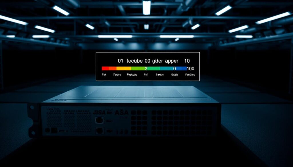 A high-contrast technical diagram showcasing the Cisco ASA security level configuration. In the foreground, a Cisco ASA firewall device with prominent ports and interfaces. In the middle ground, a graphical representation of the security level scale, with clearly labeled levels from 0 to 100. The background features a dimly lit, industrial-themed environment with clean lines and metallic textures, conveying a sense of precision and technical sophistication. The lighting is stark and directional, casting dramatic shadows and highlighting the key elements. The camera angle is slightly elevated, providing a detailed, birds-eye view of the configuration setup. The overall mood is one of clarity, professionalism, and a focus on the technical aspects of the Cisco ASA security level management.