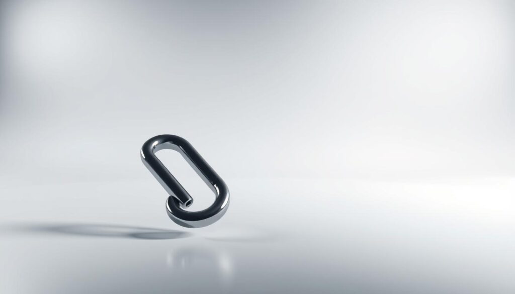 A high-contrast, ultra-sharp photograph of a shiny, metallic link icon with a bold, 3D-rendered title text attribute floating above it. The icon is positioned in the foreground, reflecting light and casting a subtle shadow. The middle ground features a clean, minimalist background with a subtle mesh or grid pattern, suggesting a digital, technological context. The lighting is dramatic, with strong highlights and deep shadows, creating a sense of depth and dimension. The overall composition is balanced and intentional, drawing the viewer's eye to the central link icon and its title attribute, conveying the importance and SEO value of effective link titling.