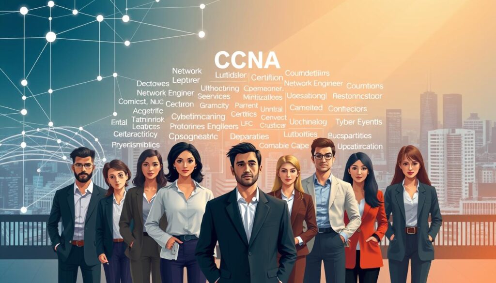 A high-quality, digital illustration depicting the career paths and opportunities available with a CCNA (Cisco Certified Network Associate) certification. In the foreground, a group of diverse professionals, each representing a specific CCNA-related role, such as network administrator, network engineer, and cybersecurity analyst, stand confidently against a backdrop of interconnected network infrastructure. The middle ground showcases a range of CCNA-centric job titles and responsibilities, while the background features a cityscape, symbolizing the widespread demand for CCNA-certified professionals in various industries. The lighting is soft and warm, conveying a sense of professionalism and growth, and the overall composition is balanced, leading the viewer's eye through the various career paths and possibilities.