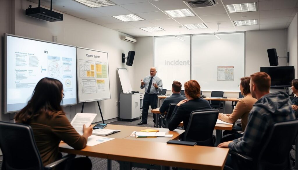A high-quality image of a training session for the Incident Command System (ICS), set in a well-equipped classroom. The foreground features a group of students intently studying training materials and diagrams on a large whiteboard. The middle ground shows an instructor gesturing animatedly, explaining key ICS concepts. The background depicts a spacious room with ample natural lighting, modern audiovisual equipment, and ergonomic desks and chairs, creating a professional and engaging learning environment. The overall mood conveys a sense of focus, collaboration, and dedication to mastering ICS principles and procedures.