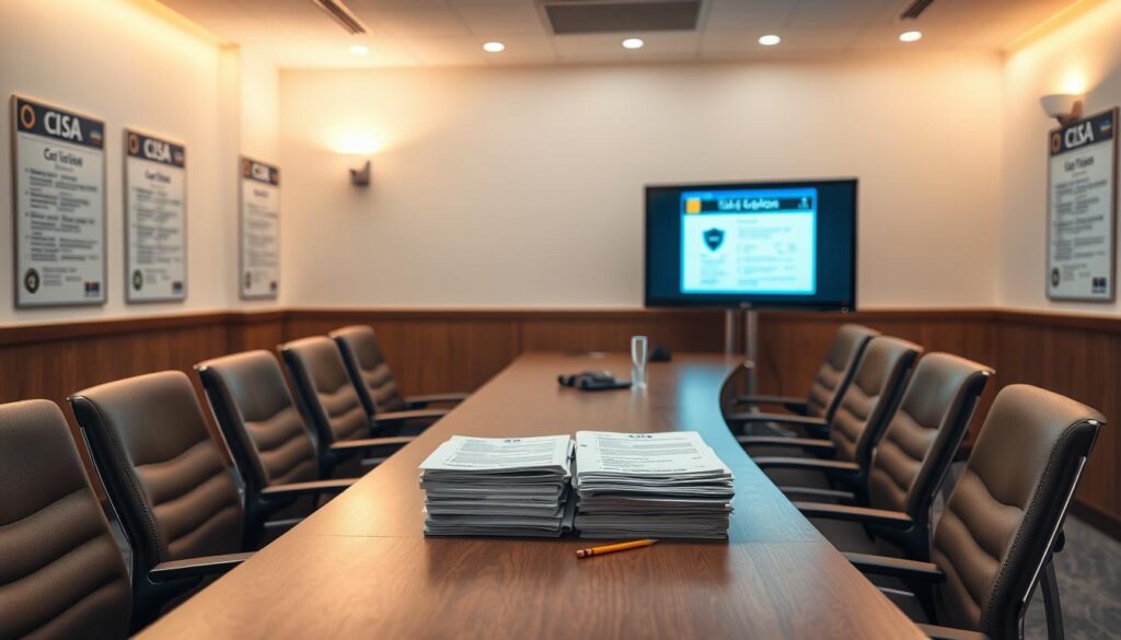 A high-quality, professional-looking image of the CISA exam testing options. The scene depicts a conference room with a large table and chairs, set up for an examination session. The room is well-lit, with warm lighting from overhead fixtures casting a soft glow. The table is clean and organized, with a stack of exam booklets, pencils, and a computer monitor displaying the CISA exam interface. The walls are adorned with CISA certification and exam-related posters, creating a professional and academic atmosphere. The overall composition conveys a sense of focus, concentration, and the gravity of the CISA certification process.