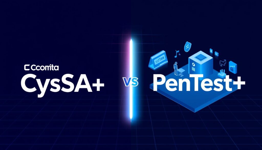 A high-resolution digital illustration showcasing a side-by-side comparison of the CompTIA CySA+ and PenTest+ cybersecurity certifications. The image should have a modern, technical aesthetic with clean lines, bold colors, and a minimalist design. In the foreground, prominently display the logos and names of the two certifications, rendered in a sleek, corporate style. In the middle ground, use isometric or three-quarter views to depict symbolic icons or illustrations representing the key skills and job roles associated with each certification. In the background, incorporate a subtle grid pattern or data visualization elements to convey the data-driven, analytical nature of these security-focused credentials. The overall composition should be balanced, visually striking, and effectively communicate the similarities, differences, and value of these two in-demand cybersecurity certifications.