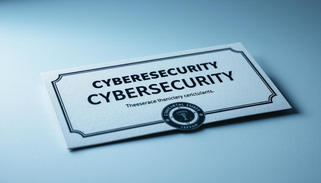 A high-resolution image of a cybersecurity certification, captured with a crisp, professional-grade camera lens. The certification is the central focus, displayed prominently against a clean, minimalist background, with subtle gradients of blues and grays creating a sense of depth and elegance. The text on the certification is sharply legible, conveying a sense of authority and technical expertise. Soft, directional lighting casts gentle shadows, highlighting the textured surface and the embossed seal or logo, giving the image a tactile, premium quality. The overall composition is balanced and visually striking, suitable for illustrating a section on choosing the right cybersecurity certification.