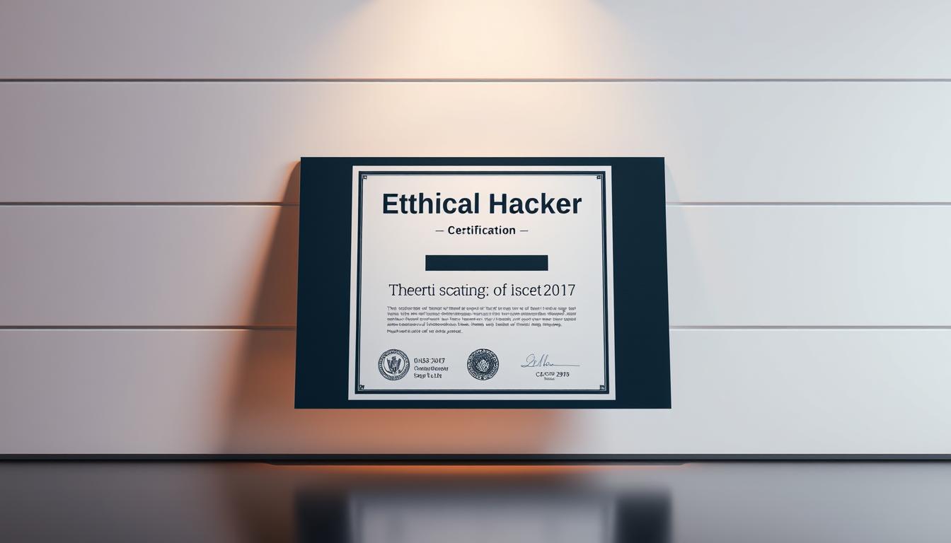 A high-resolution image of an "ethical hacking certification" document, positioned prominently in the center of the frame. The certification is presented against a sleek, modern background, with clean lines and a minimalist design. Subtle lighting casts a warm, professional glow, accentuating the crisp graphics and bold text. The overall composition conveys a sense of authority, expertise, and the high-stakes nature of ethical hacking. The image should inspire confidence in the viewer, as if the certification holds real weight and significance in the field of cybersecurity.