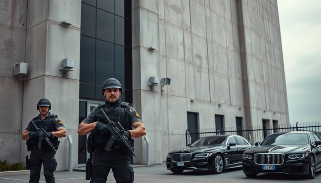 A high-security facility with a towering facade of reinforced concrete and tinted glass panels. The entrance is guarded by armed security personnel clad in tactical gear, their expressions stoic and alert. The building's perimeter is lined with discreet surveillance cameras and motion sensors, creating an impenetrable barrier. In the background, sleek black luxury vehicles are parked, hinting at the presence of important individuals or sensitive information within. The overall atmosphere conveys a sense of unwavering protection, precision, and an unyielding commitment to safeguarding the most critical assets.