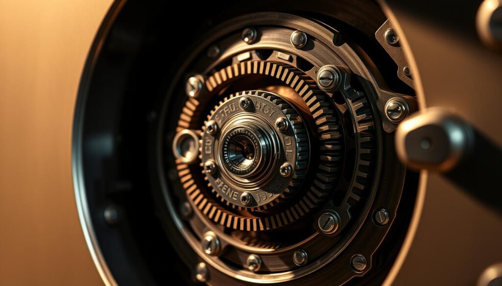 A high-security locking mechanism, its intricate components meticulously engineered for maximum protection. The mechanism is showcased in a well-lit, close-up view, allowing the viewer to appreciate the precision of its design. The inner workings are clearly visible, with cogs, tumblers, and a series of interlocking parts that create a complex, tamper-resistant system. The lighting casts dramatic shadows, emphasizing the depth and complexity of the mechanism. The overall mood is one of sophistication and unwavering security, befitting the critical role this component plays in a Level 7 safe.