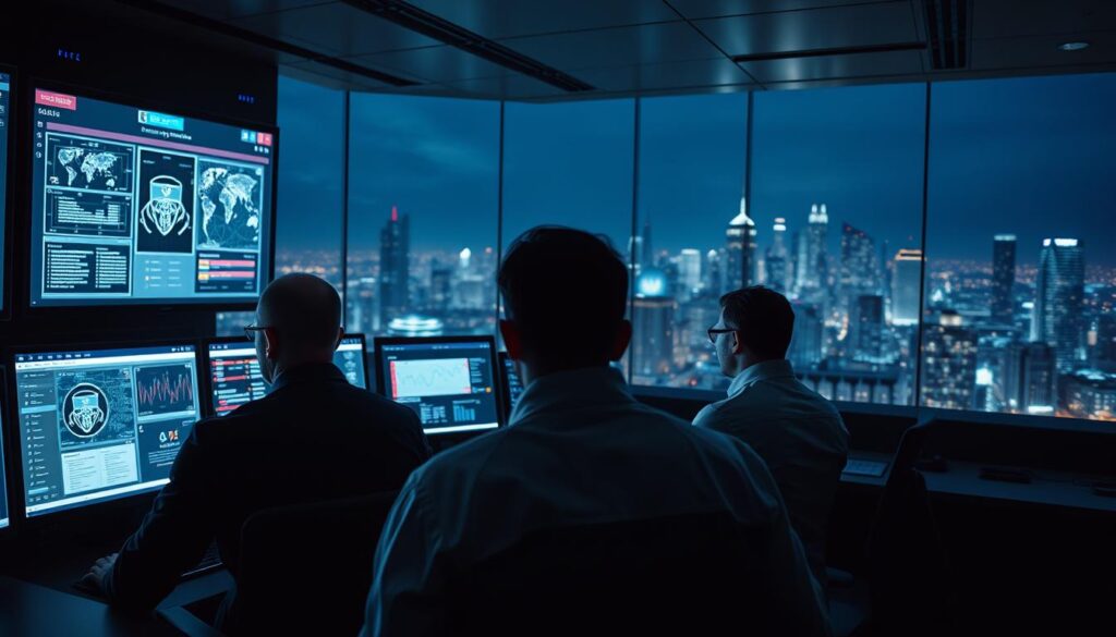A high-tech control room with a sleek, modern aesthetic. The foreground features a team of cybersecurity experts intently monitoring multiple screens displaying real-time data, network diagrams, and threat assessments. The middle ground showcases state-of-the-art security tools and software interfaces, while the background depicts a cityscape at night, the skyline illuminated by the glow of digital infrastructure. Soft, directional lighting casts dramatic shadows, creating a sense of intensity and urgency. The overall mood conveys the critical importance of comprehensive cybersecurity assessment methods in safeguarding digital systems and assets.