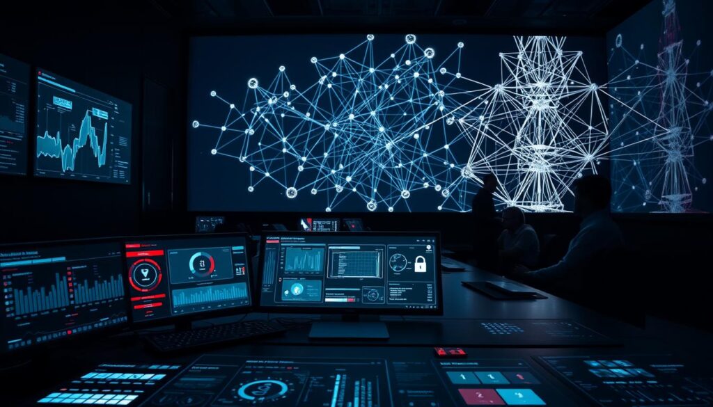 A high-tech cybersecurity control room, dimly lit with an ominous atmosphere. In the foreground, a sleek, futuristic dashboard displaying real-time security metrics and alerts. The middle ground features a team of cybersecurity experts intently monitoring multiple screens, their faces illuminated by the glow of the displays. In the background, a towering, complex network visualization with intertwined lines and nodes, symbolizing the intricate web of digital threats. Dramatic chiaroscuro lighting casts dramatic shadows, heightening the sense of gravity and importance. The overall scene conveys a sense of vigilance, sophistication, and maturity in the field of cybersecurity.