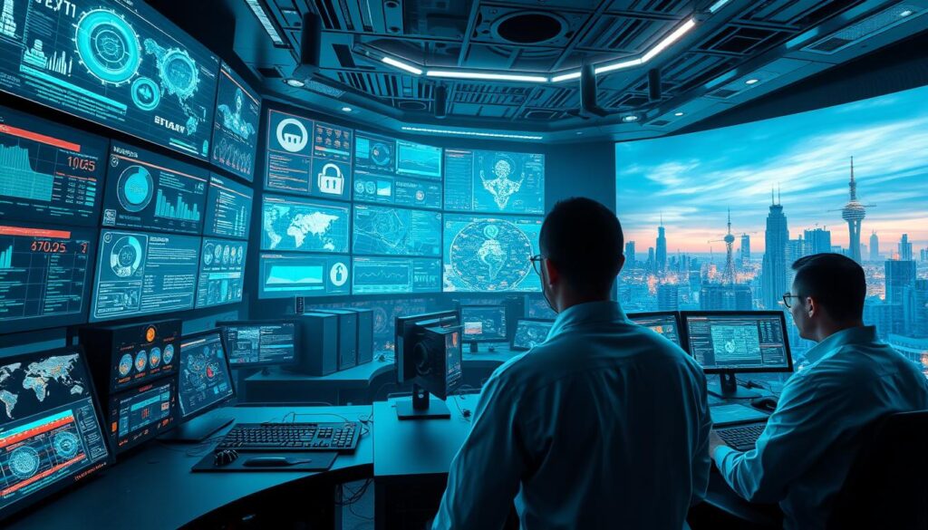 A high-tech cybersecurity control room, with a vast array of holographic displays, data visualizations, and advanced security monitoring interfaces. In the foreground, a team of cybersecurity professionals, their faces illuminated by the glow of the screens, intently analyzing and responding to real-time threats. The middle ground features state-of-the-art security infrastructure, including firewalls, encryption modules, and intrusion detection systems. The background showcases a futuristic cityscape, with skyscrapers and communication towers, hinting at the vast scale and complexity of the digital landscape that CISA must protect. The scene conveys a sense of urgency, vigilance, and the critical role that CISA plays in safeguarding against cyber threats in today's interconnected world.