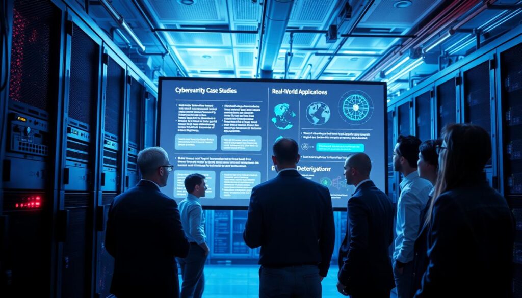 A high-tech data center backdrop with servers, cables, and blinking lights. In the foreground, a team of cybersecurity professionals intently examining a large display screen, showcasing various cybersecurity case studies and real-world applications. The scene is illuminated by a cool, bluish-white lighting, creating a serious, analytical atmosphere. The professionals are dressed in business attire, conveying a sense of authority and expertise. The overall composition emphasizes the importance of CISA's cybersecurity case studies and their practical relevance in enhancing security posture.