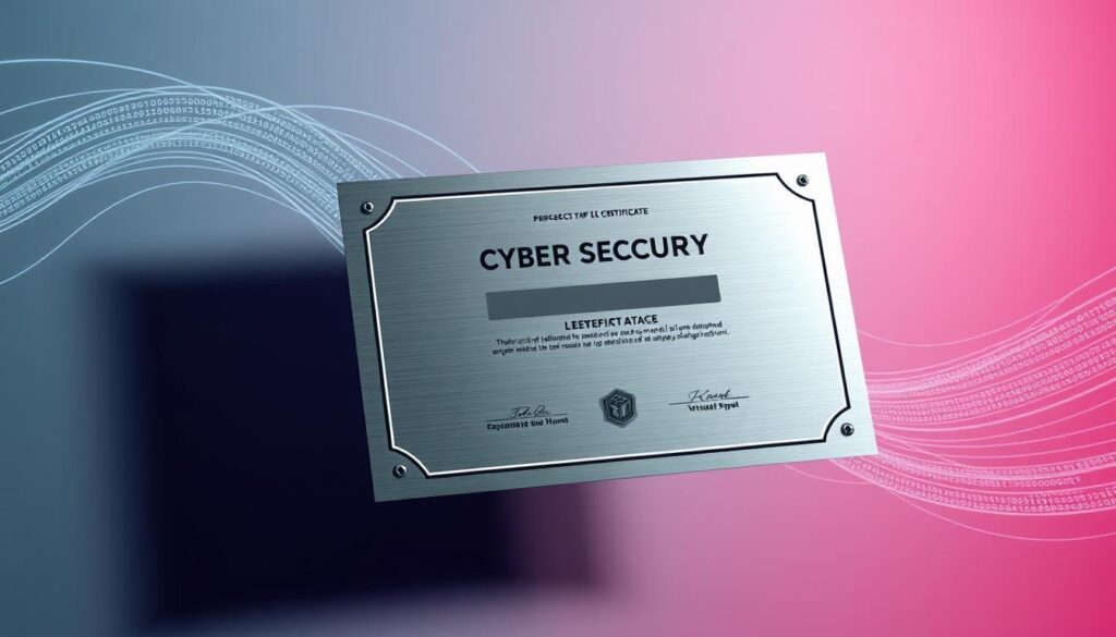 A high-tech digital certificate floating in a sleek, minimalist composition. The certificate's surface gleams with a metallic sheen, evoking the precision and sophistication of cybersecurity. Flowing lines of binary code and geometric shapes create a dynamic, futuristic backdrop, suggesting the complexity and interconnectedness of the digital landscape. Crisp, directional lighting casts dramatic shadows, emphasizing the certificate's three-dimensional form and adding depth to the scene. The overall mood is one of authority, innovation, and the power of technological mastery, perfectly capturing the essence of a Cyber Security Level 5 Certificate.