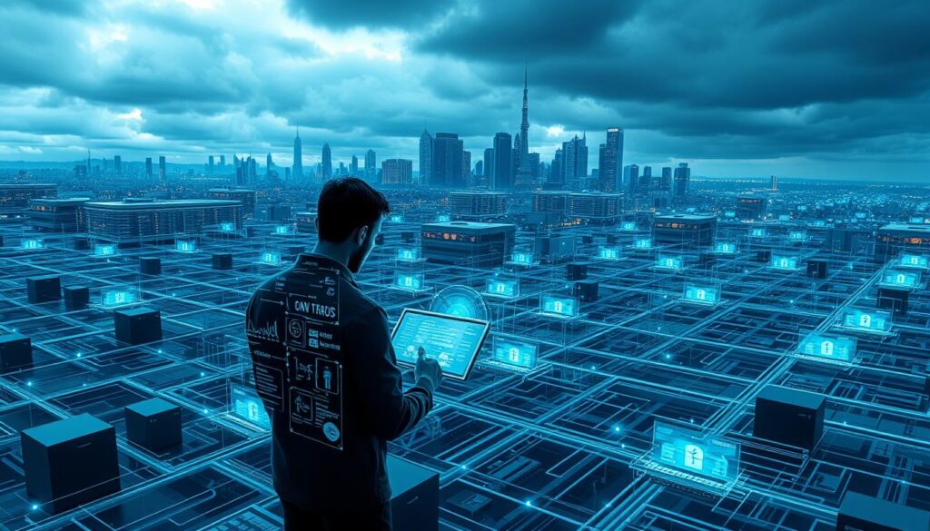 A high-tech digital landscape with a cybersecurity expert at the center, surrounded by a array of advanced security tools and systems. In the foreground, the analyst navigates a series of holograms and digital interfaces, analyzing threat data and deploying countermeasures. In the middle ground, a network of interconnected servers and databases hum with activity, protected by firewalls and encryption. In the background, a cityscape of skyscrapers and data centers stands against a dramatic, moody sky, conveying the scale and importance of the cybersecurity challenge. The scene is bathed in cool, bluish tones, creating a sleek, futuristic atmosphere.