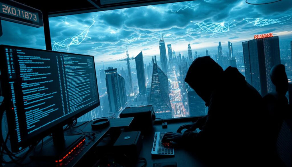 A high-tech hacking scene unfolding in a dimly lit cyberpunk environment. In the foreground, a shadowy figure hunched over a sleek futuristic computer terminal, lines of code cascading across multiple holographic displays. The middle ground reveals an array of sophisticated hacking tools and peripherals, cables snaking between devices. In the background, a vast cityscape of towering skyscrapers, neon-lit streets, and a turbulent sky pulsing with digital energy. The lighting is dramatic, casting deep shadows and highlights to emphasize the intensity of the hacking activity. The atmosphere is tense, mysterious, and high-stakes, capturing the essence of the comprehensive CEH exam domains.