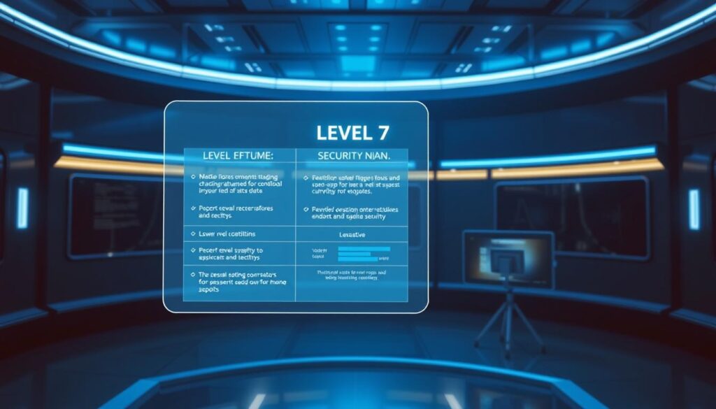 A high-tech security control room with three distinct sections, each displaying a different security level. The foreground shows a large, holographic display comparing the key features and capabilities of Level 7 security, with sleek, minimalist design elements. The middle ground features two smaller screens depicting the lower-level security options, their features rendered in a more basic, functional style. The background is bathed in a cool, blue-tinted lighting, creating a sense of technological precision and authority. The overall scene conveys a sophisticated, data-driven approach to security, highlighting the advantages of the top-tier Level 7 system.
