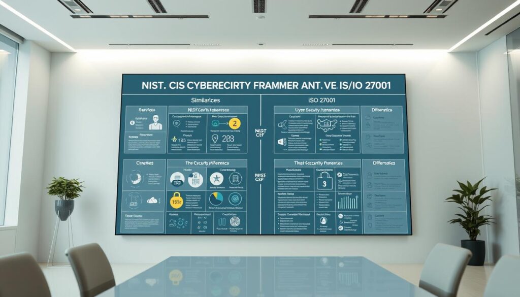 A highly detailed and visually striking comparison of the NIST Cybersecurity Framework (NIST CSF) and the ISO/IEC 27001 information security standard. The scene depicts a clean, well-lit office setting with a large, high-resolution display showcasing the key similarities and differences between the two frameworks. The display features elegant, data-rich infographics with intuitive icons, charts, and side-by-side comparisons. The lighting is soft and diffused, lending a professional, authoritative atmosphere. The camera angle is slightly elevated, creating a sense of authority and expertise. The overall mood is one of clarity, insight, and informed decision-making, perfectly suited to illustrate the "How to Choose Between NIST CSF and ISO 27001" section of the article.