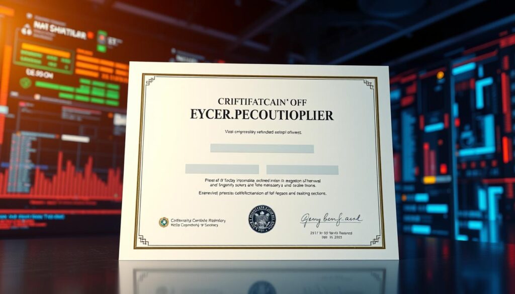 A highly detailed cybersecurity certification document rendered in a realistic, three-dimensional style. The certification is prominently displayed in the center foreground, its sleek design and embossed logo capturing the viewer's attention. The background features a backdrop of dynamic, futuristic data visualizations and network infrastructure, conveying a sense of technological sophistication. Dramatic lighting casts dramatic shadows, emphasizing the gravitas and importance of the certification. The overall mood is one of professionalism, expertise, and the cutting edge of cybersecurity.