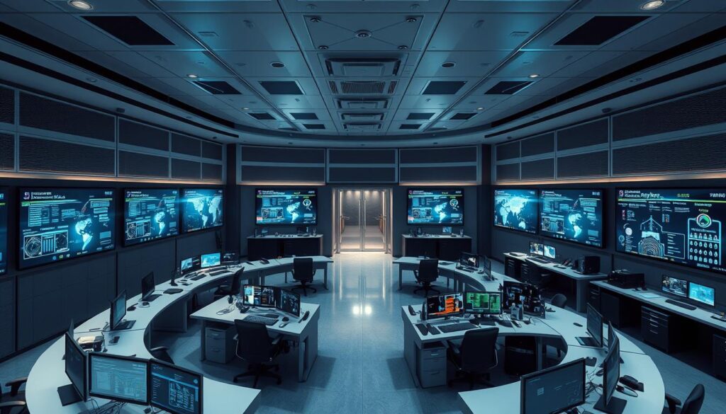 A highly secure, meticulously designed information systems control room. Sleek, modern workstations arranged in a semi-circular layout, bathed in a soft, ambient lighting that casts a gentle glow. Multiple large displays on the walls showcase real-time data and system statuses, monitored by a team of focused, vigilant professionals. The room has an air of quiet efficiency, with various monitoring equipment, advanced security protocols, and robust safeguards in place to protect critical information assets. The overall scene conveys a sense of proactive, comprehensive cybersecurity measures that safeguard sensitive data and systems.