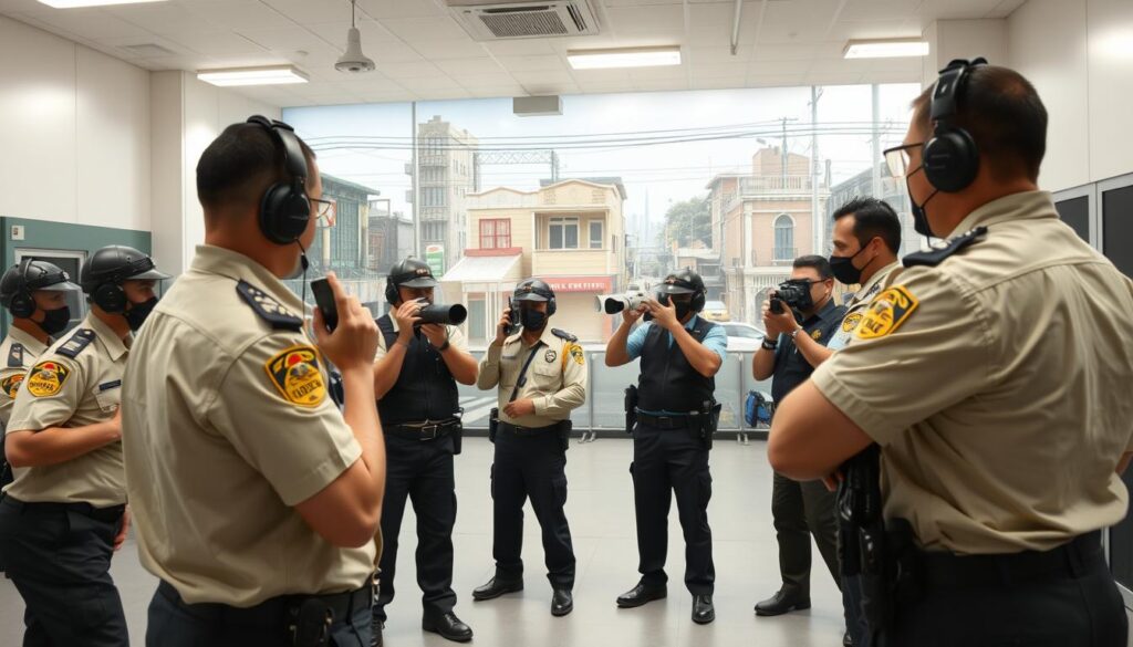 A large, well-equipped security training facility, with modern equipment and realistic scenarios. In the foreground, a group of security guards in uniform are engaged in a simulated confrontation, demonstrating defensive tactics and conflict resolution techniques under the watchful eye of an experienced instructor. In the middle ground, other guards practice handling various security equipment, such as radios, metal detectors, and surveillance cameras. The background features a realistic urban setting, with signage and infrastructure typical of a commercial or residential area, allowing the trainees to hone their skills in a lifelike environment. The lighting is bright and uniform, creating a sense of professionalism and attention to detail. The overall atmosphere conveys a serious, structured, and comprehensive approach to security training.