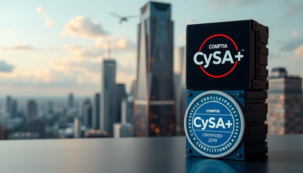 A meticulously designed CySA+ certification stack occupies the foreground, showcasing the CompTIA logo and the CySA+ badge against a muted, professional backdrop. The stack is illuminated by soft, warm lighting, creating a sense of expertise and accomplishment. The middle ground features various cybersecurity tools and technologies, subtly hinting at the skills and knowledge required for the CySA+ certification. In the background, a cityscape with towering skyscrapers and a serene, cloud-filled sky sets the stage, symbolizing the potential for career growth and financial success in the cybersecurity field.