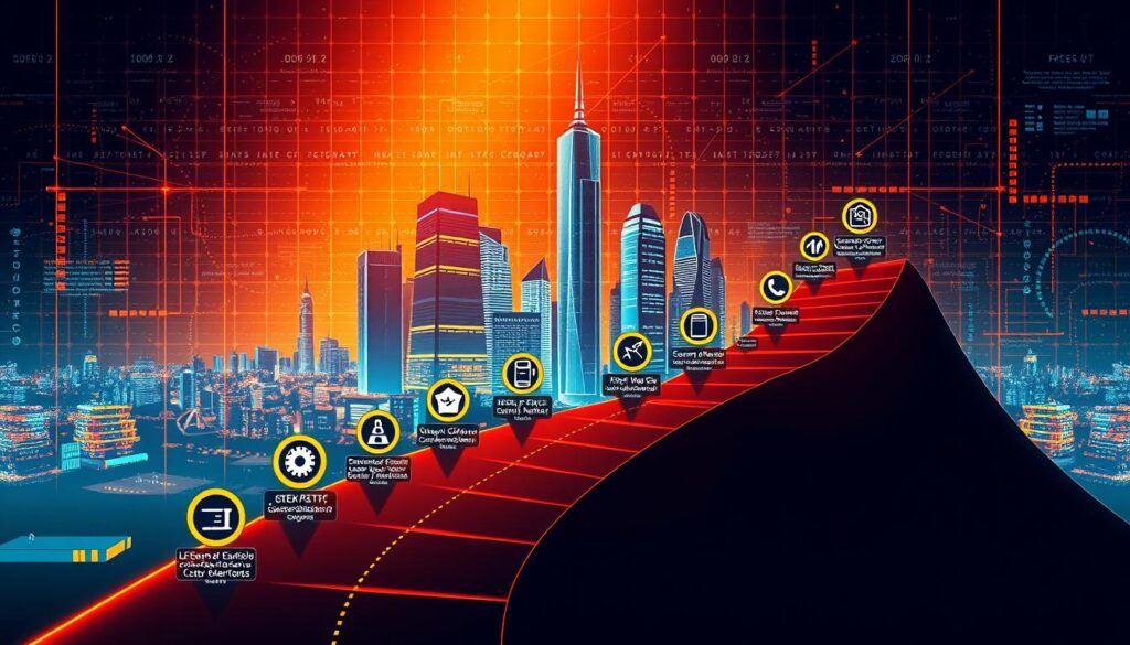 A meticulously designed cybersecurity certification roadmap against a sleek, futuristic backdrop. In the foreground, a winding path ascends through various certification icons, each representing a key milestone on the journey to advanced cybersecurity expertise. The middle ground features a cityscape of gleaming skyscrapers, symbolizing the professional opportunities awaiting those who conquer these certifications. The background is dominated by a vibrant, neon-infused grid, evoking the digital landscape of the modern cybersecurity landscape. Warm, directional lighting casts dramatic shadows, lending a sense of depth and dynamism to the scene. The overall composition conveys a sense of ambition, progression, and the endless possibilities that await cybersecurity professionals who are willing to climb the certification ladder. Prompt