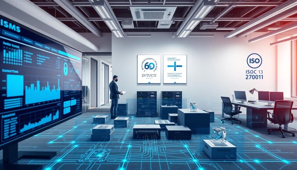 A meticulously designed information security management system (ISMS) against a backdrop of a modern, well-lit office space. In the foreground, a sleek security dashboard displays real-time data and metrics, monitored by a focused team of cybersecurity experts. The middle ground features interconnected systems, servers, and networks, secured by robust access controls and encryption. In the background, a wall-mounted display showcases the latest ISO/IEC 27001 compliance certifications, underscoring the organization's commitment to information security best practices. The overall atmosphere conveys a sense of professionalism, transparency, and diligence in implementing a comprehensive ISMS.